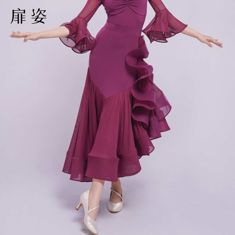 扉姿 摩登舞裙女成人高档交谊舞演出服新款国标舞大摆半身裙F2142