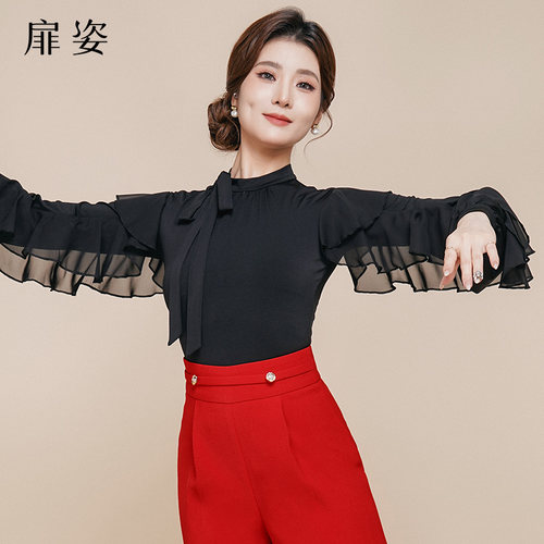 扉姿 摩登舞服女春夏新品长袖连体衣交谊舞练功服洋气上衣F1222