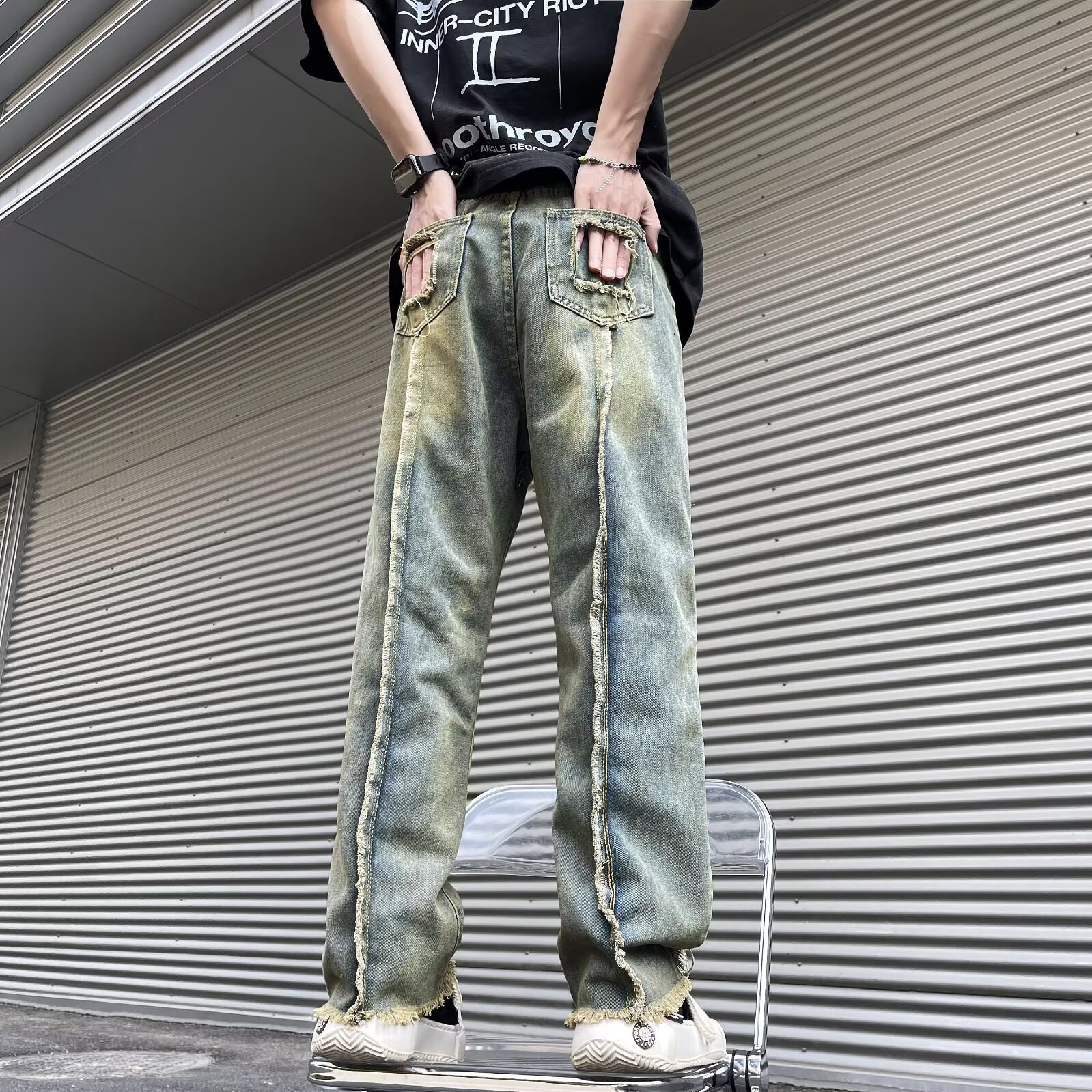 黄泥色牛仔裤男春季高街vibe阔腿宽松街头嘻哈潮牌美式直筒长裤子