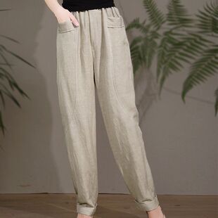 2026年夏季新款亚麻小脚裤高腰薄款设计感小众萝卜裤百搭女裤长裤