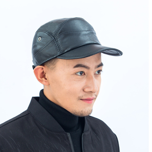 秋冬真皮牛皮帽子男士有内置护耳鸭舌帽方胖脸形男款老头中年休闲