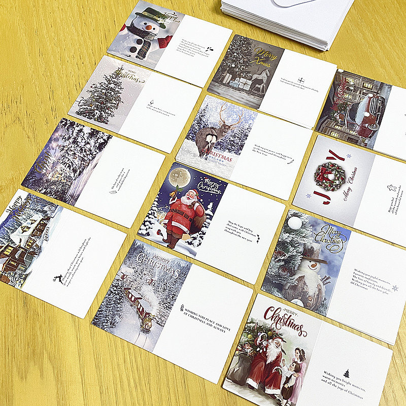 圣诞节贺卡迷你对折英文祝福小卡片含信封创意经典圣诞卡24张入