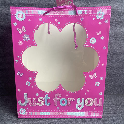 外单彩印花朵开窗礼品袋梅红底