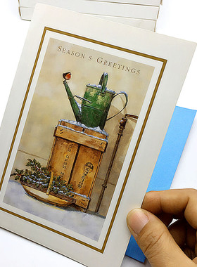 Christmas card出英国圣诞贺卡节日绿色洒水壶对折新年祝贺纪念卡