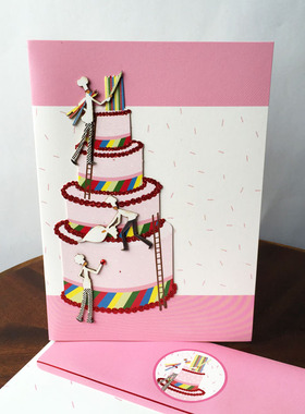 Birthday card生日贺卡对折蛋糕生日卡配有精美信封做工精細10636