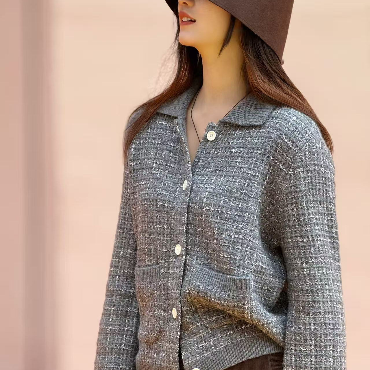 现货  秋季新款 羊毛羊绒混纺纱小香风开衫+小香风无袖马甲