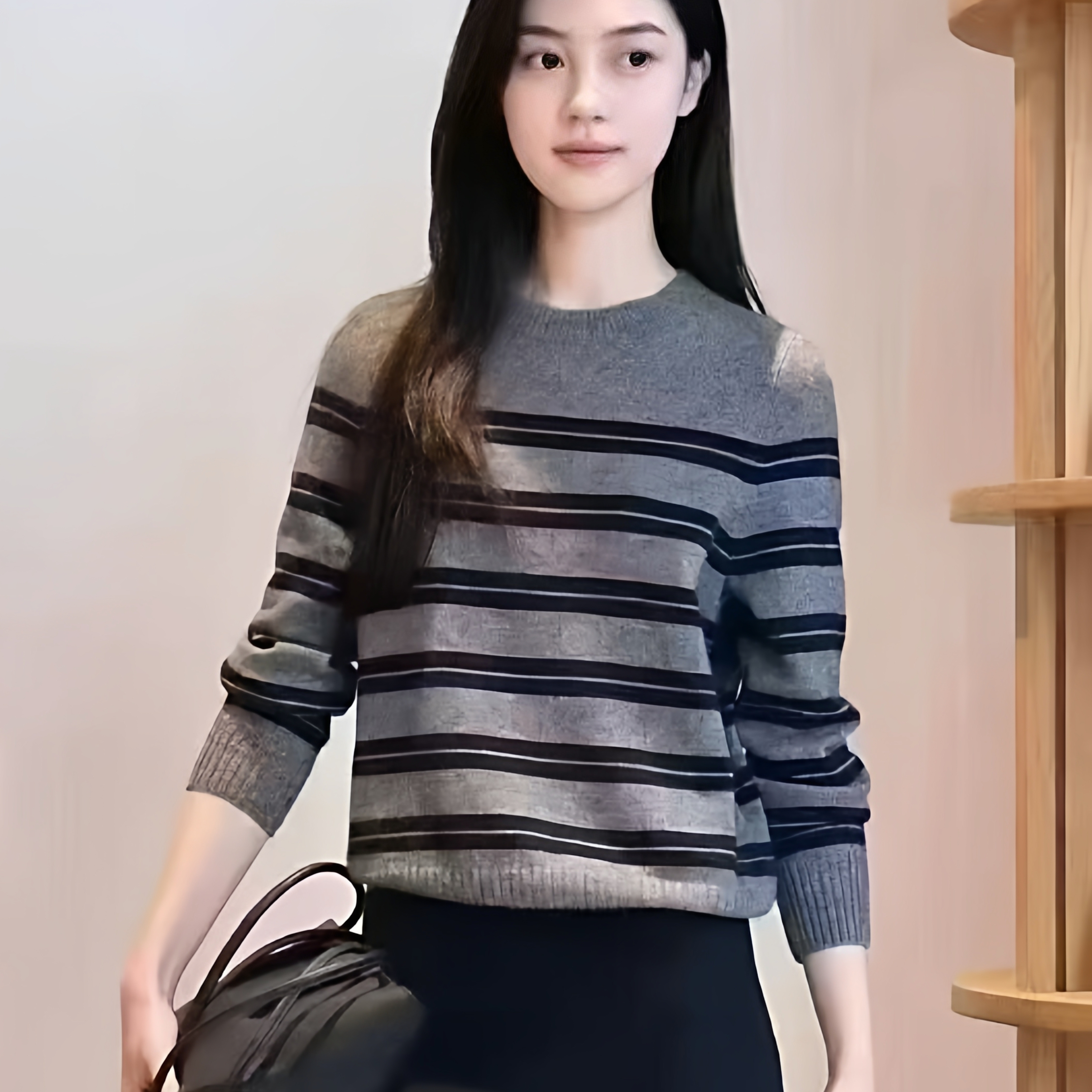 现货  25秋季新款 牦牛绒混纺灰底藏青条纹套头针织衫