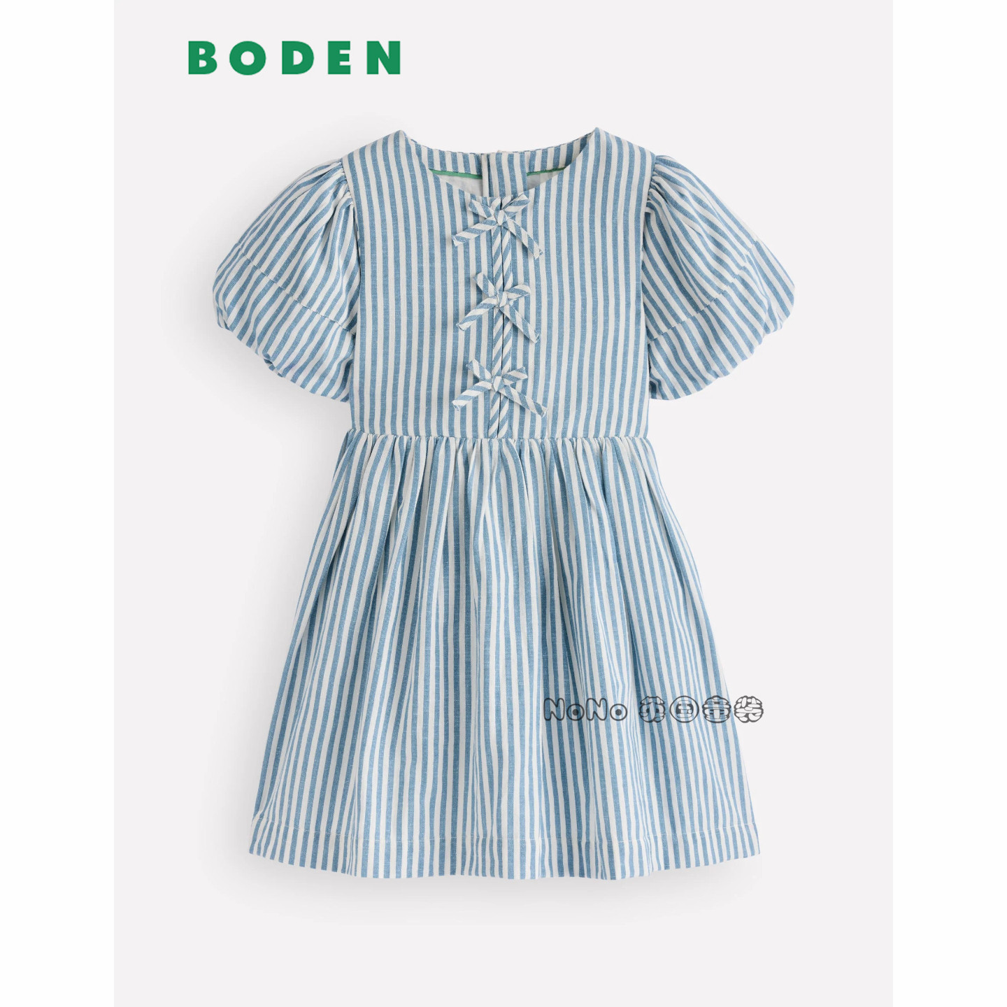 英国Mini Boden女童蓝白色条纹全棉短袖连衣裙2-14岁新款G6055