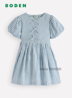 英国Mini Boden女童蓝白色条纹全棉短袖连衣裙2-14岁新款G6055