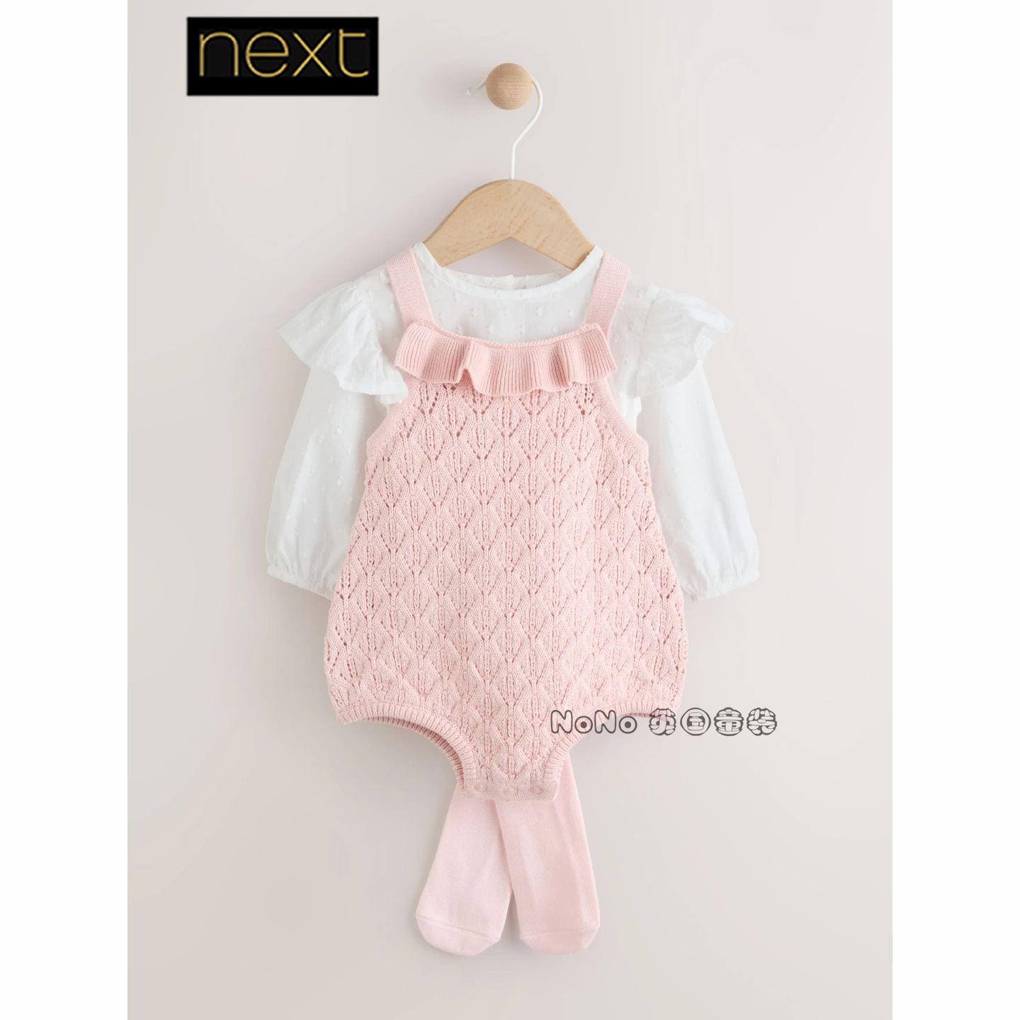 英国Next正品代购婴童粉白刺绣连身衣长袖连裤袜针织套装F50-080