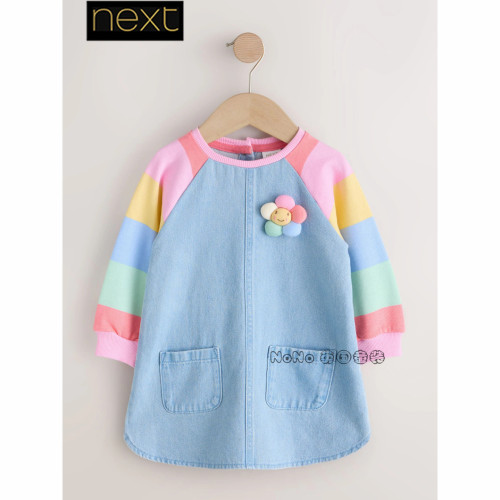 英国Next代购女童牛仔彩虹花朵卡通全棉长袖连衣裙1-8岁W51-809