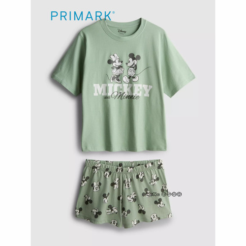 英国Primark女款成人大童绿色米奇米妮短袖T恤家居服睡衣短裤全棉
