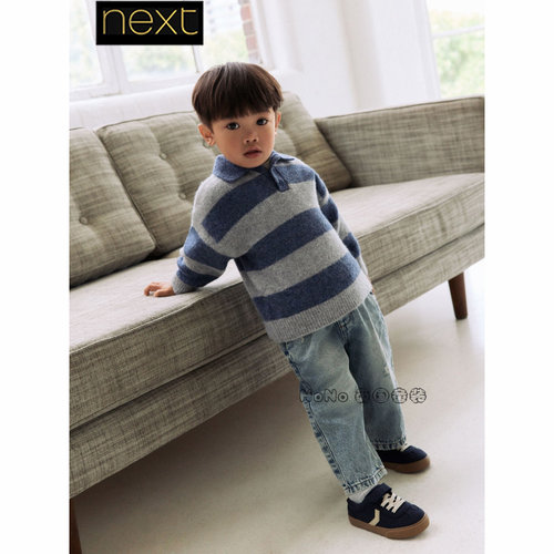 英国Next正品代购男童灰蓝色条纹翻领POLO针织衫毛衣1-7岁AN5-897