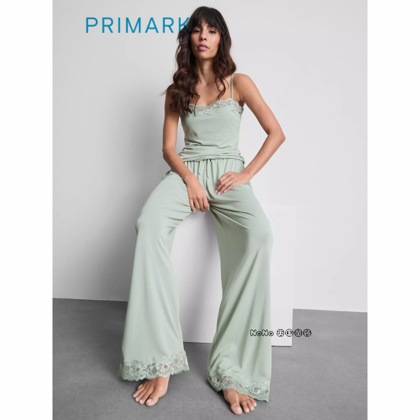 英国Primark女款成人大童灰绿色蕾丝吊带背心家居服睡衣长裤