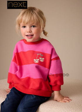英国Next代购女童新年粉红色小熊卫衣运动衫套头圆领1-7岁H53-893