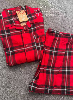 现货英国Primark正品男童女童红色格子开衫纯棉家居服睡衣裤套装