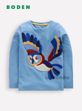 代购英国Mini BODEN儿童蓝色猫头鹰刺绣长袖T恤纯棉衫2-8岁B3052