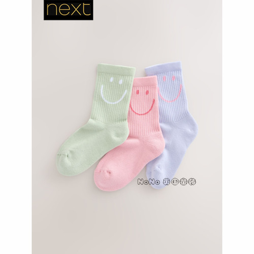 英国Next儿童粉紫绿色笑脸中筒短袜棉质袜子套装三双新款F95-727