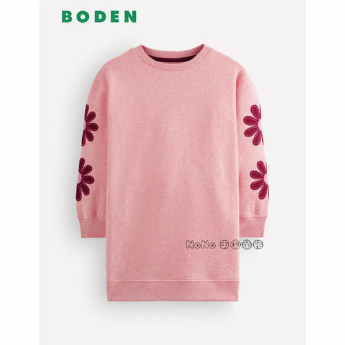 代购英国Mini Boden女童粉色花朵刺绣卫衣连衣裙纯棉2-12岁G5746
