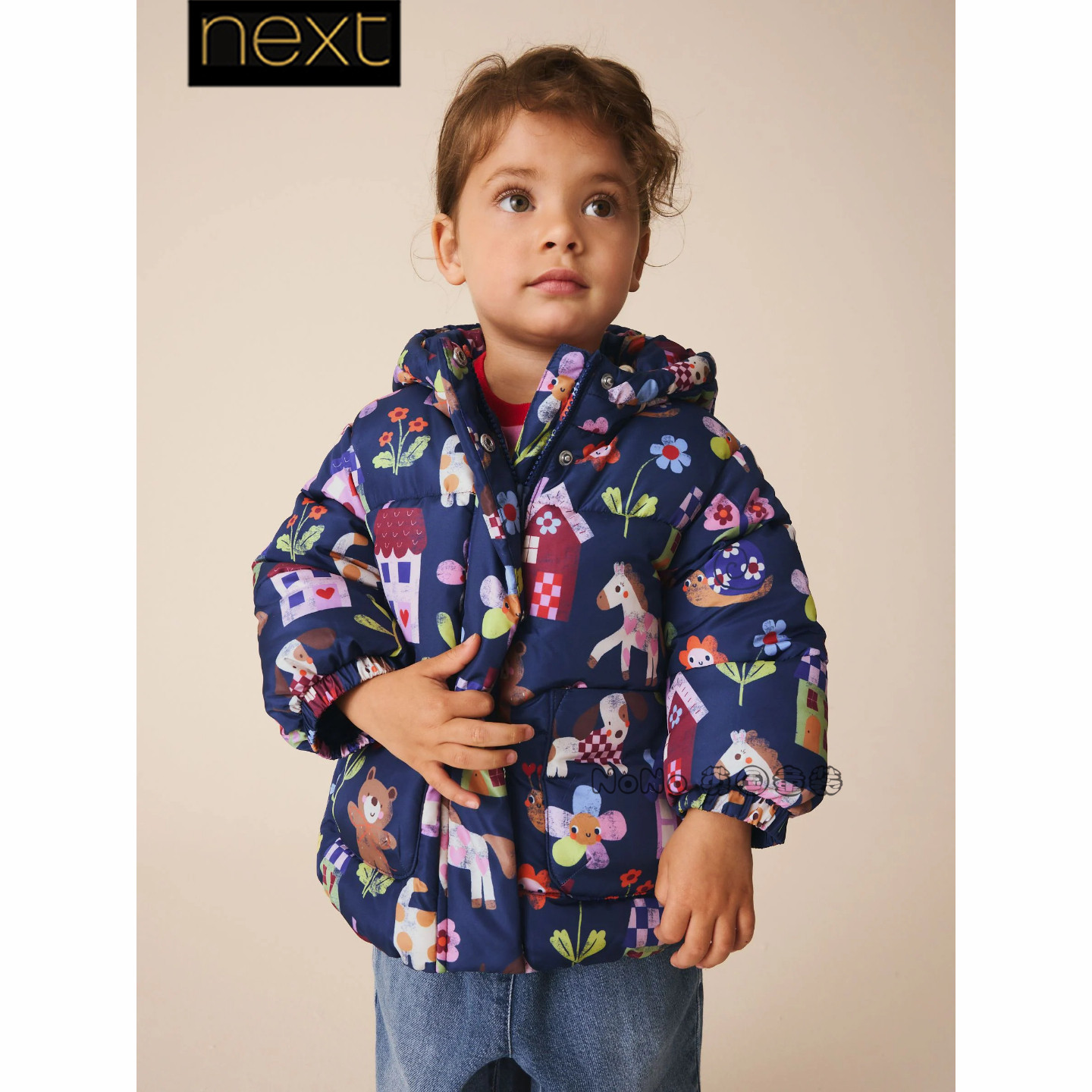 英国Next正品女童卡通小猫马加厚连帽外套棉服1-7岁新款W13-392