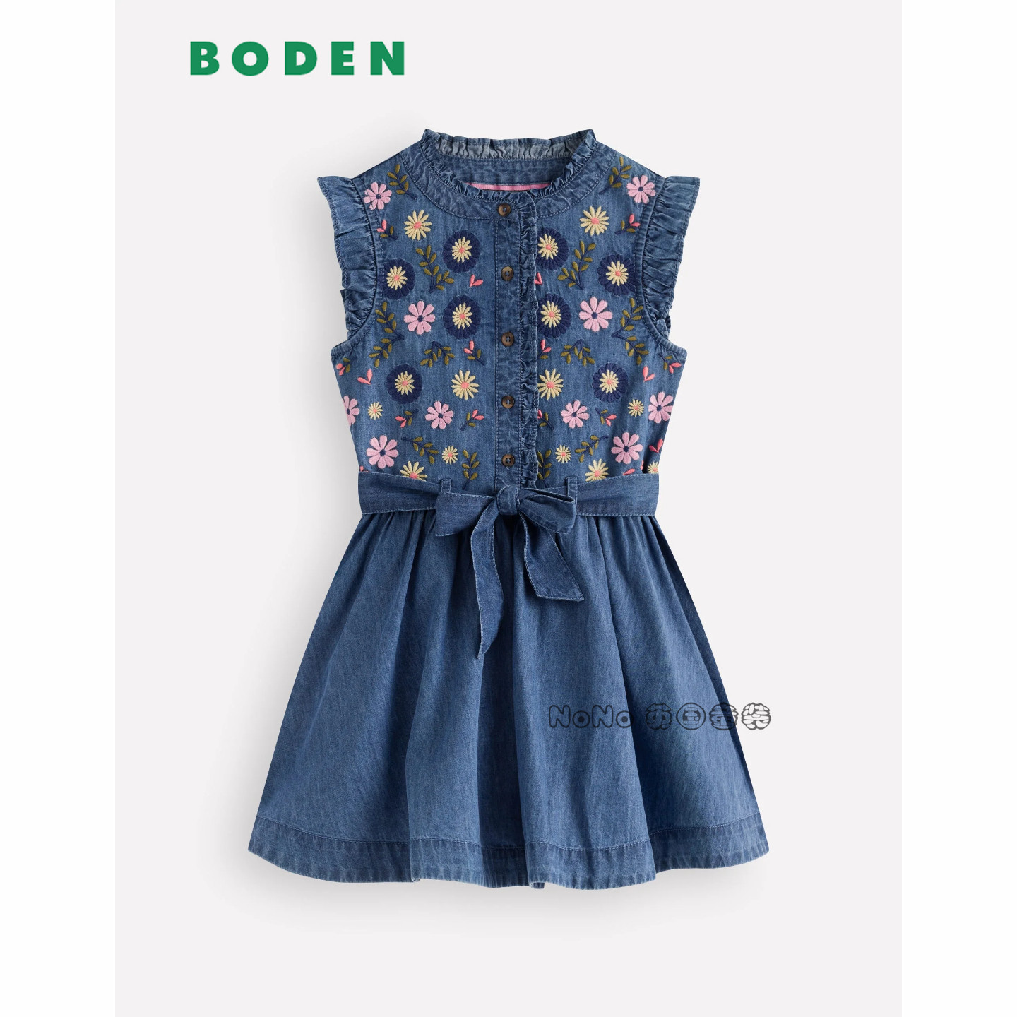 英国Mini Boden女童蓝色牛仔刺绣花朵全棉短袖连衣裙2-12岁G6070