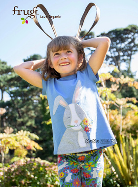 英国Frugi有机棉正品女童蓝色兔子碎花贴布刺绣短袖T恤F46-921