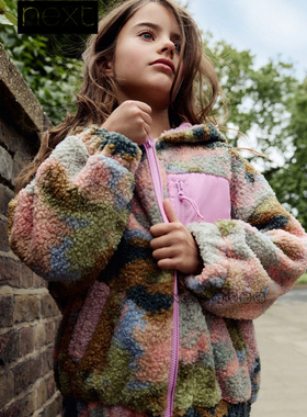 英国Next代购女大童亲子粉绿色花朵毛绒外套摇粒绒保暖F01-918