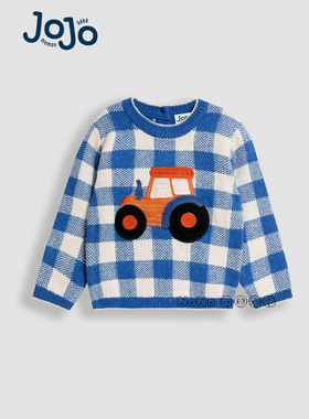 英国JoJo Maman Bebe男童蓝色拖拉机格子毛衣针织衫羊毛F49-218