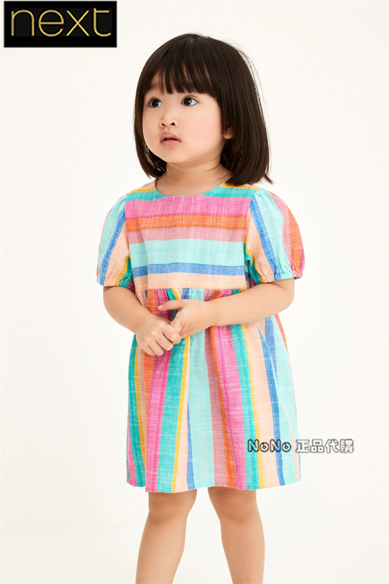 现货Next英国正品女童粉色彩虹条纹连衣裙短袖泡泡袖纯棉A31-005