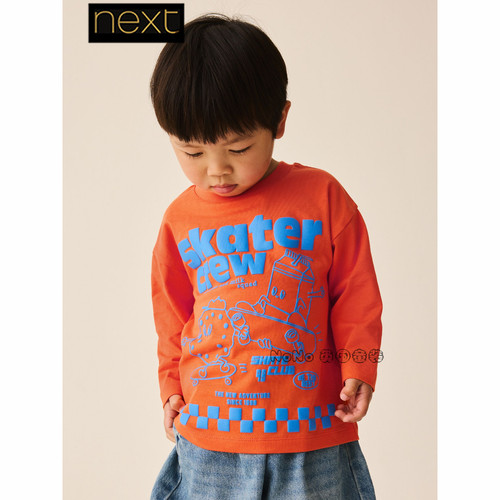 英国Next正品男女童橘色果汁滑板长袖T恤全棉1-7岁新款G64-138