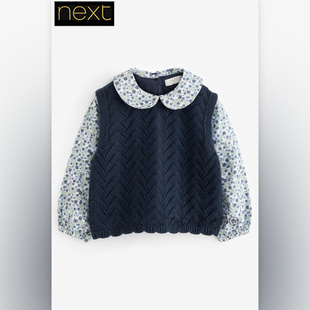 现货英国Next正品女童蓝色针织马甲背心毛衣毛衫假两件Q87-913