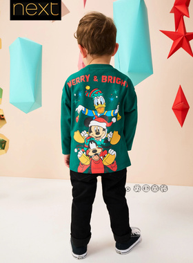 英国Next代购男童绿色圣诞米奇高飞狗纯棉长袖T恤1-7岁F29-924