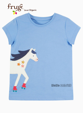 英国Frugi有机棉正品女童蓝色轮滑小马贴布刺绣短袖T恤F46-835