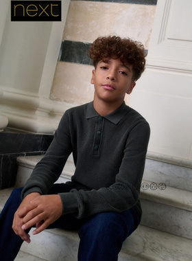 英国Next男大童亲子墨绿色翻领毛衣针织毛衫3-16岁纯棉H61-843