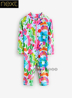 现货英国Next正品女童粉绿色花朵长袖防晒连体泳衣泳装E77-684