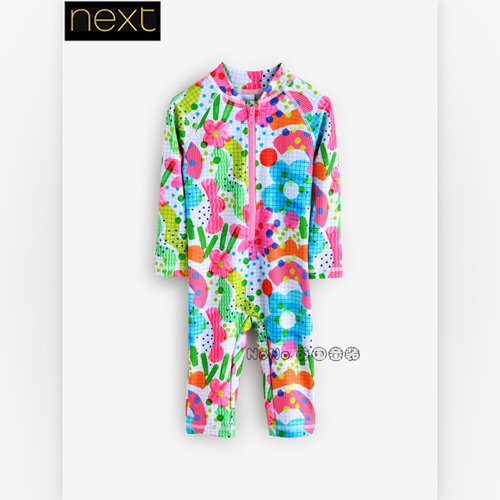 现货英国Next正品女童粉绿色花朵长袖防晒连体泳衣泳装E77-684