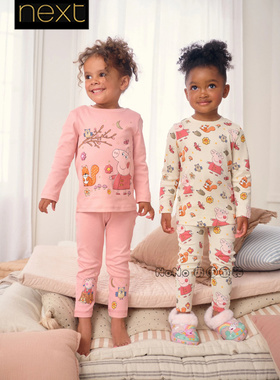 英国Next女童粉白色小猪佩奇家居服长袖睡衣裤1-8岁纯棉F21-537