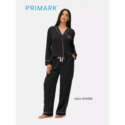 代购英国Primark女款成人大童黑色前开扣长袖家居服睡衣裤亲肤