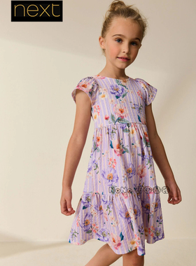 英国Next女大童亲子款紫色花朵印花短袖连衣裙3-16岁新款H87-612
