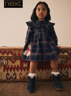 代购英国Next女童蓝色格子小熊大翻领连衣裙长袖1-7岁新款F81-716