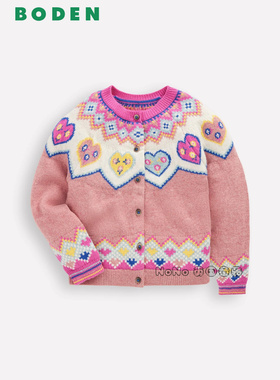英国Mini BODEN女童粉色爱心费尔岛毛衣针织开衫羊毛2-12岁G5530