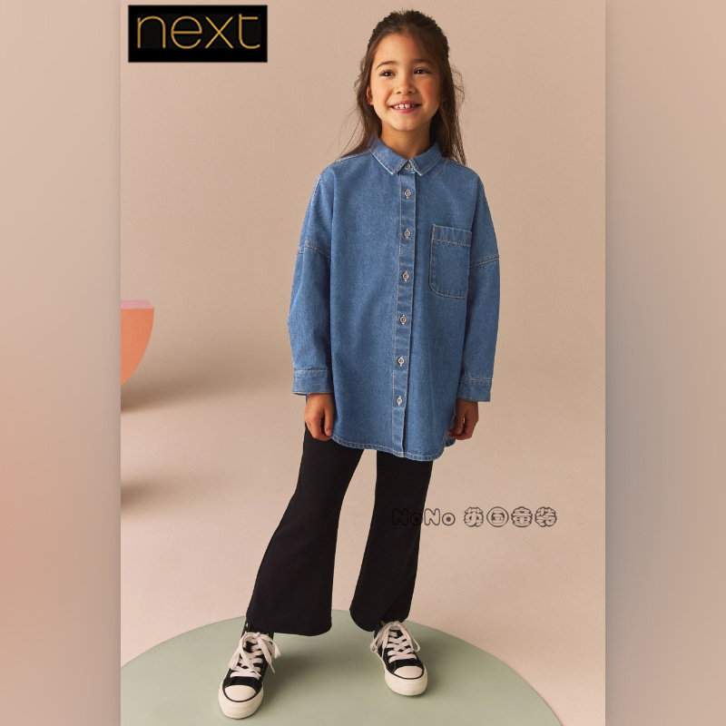 现货英国Next正品女童亲子蓝色牛仔衬衫连衣裙打底裤套装E01-889
