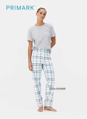 代购英国Primark女款成人大童蓝灰色格子短袖家居服睡衣长裤纯棉