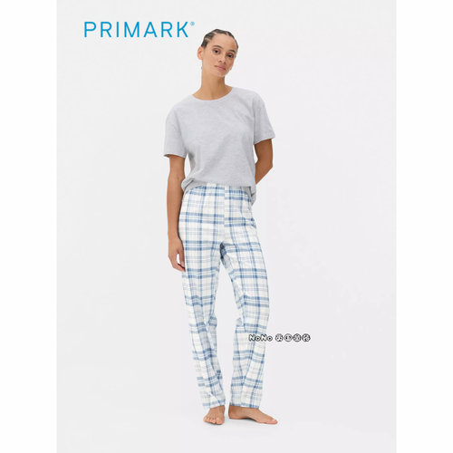 代购英国Primark女款成人大童蓝灰色格子短袖家居服睡衣长裤纯棉