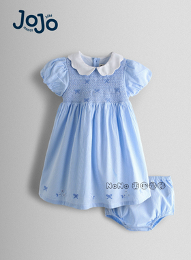 英国JoJo Maman Bebe女童蓝色碎花打揽刺绣翻领全棉连衣裙Y07-397