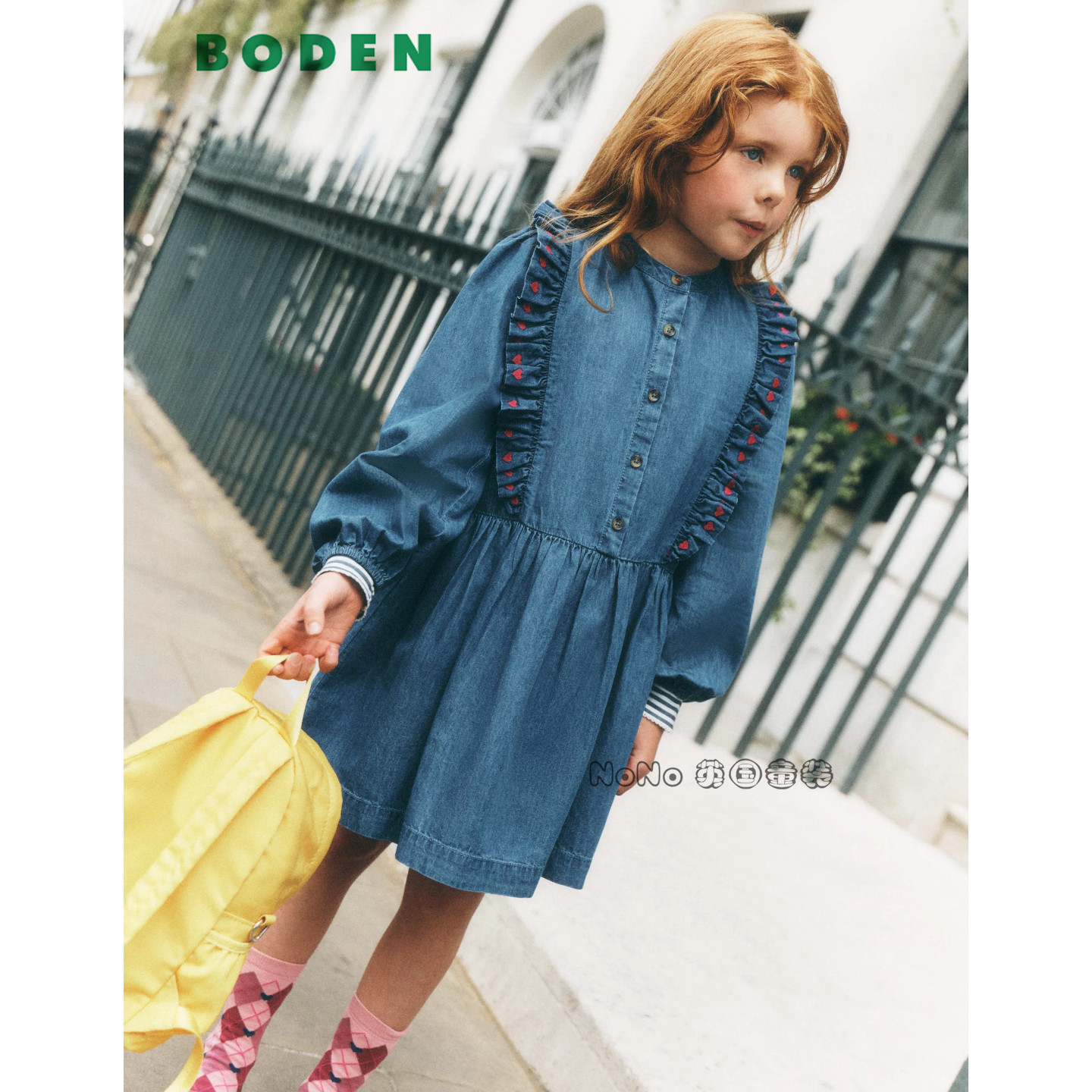 英国Mini Boden女童牛仔爱心刺绣全棉长袖连衣裙2-12岁新款G6117