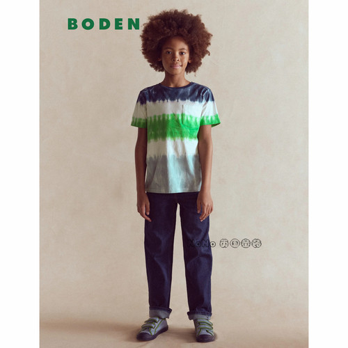 英国Mini BODEN男童蓝绿色扎染条纹短袖T恤全棉2-14岁新款B3029
