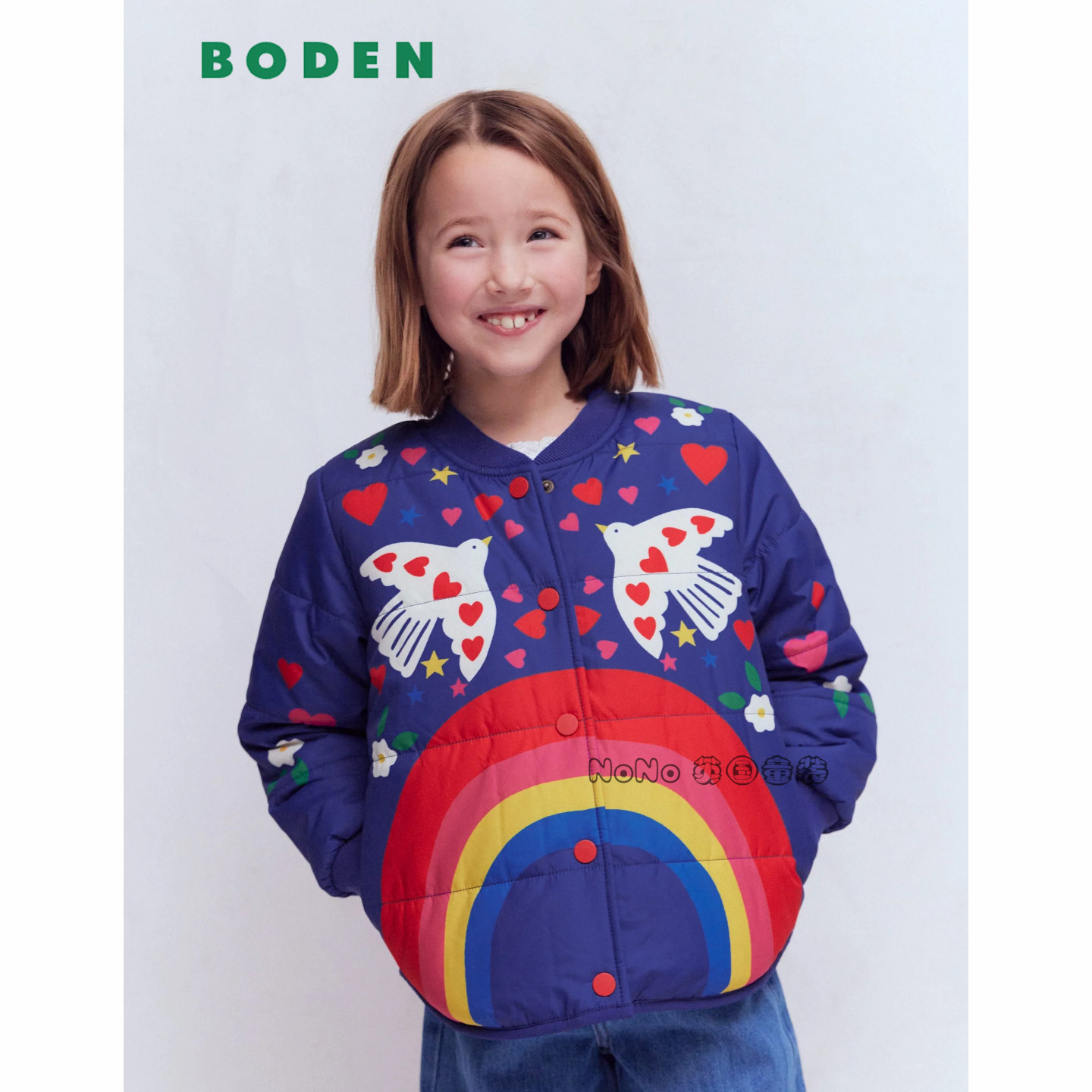 英国Mini BODEN女童蓝色彩虹小鸟外套棉服加毛棉衣2-12岁G5775
