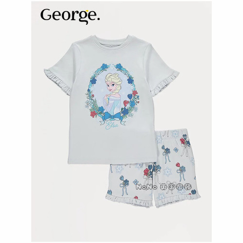 英国乔治George儿童冰雪奇缘爱莎短袖家居服睡衣裤全棉1393280