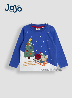 英国Jojo Maman Bebe儿童蓝色蜗牛刺绣圣诞树长袖T恤纯棉F96-768